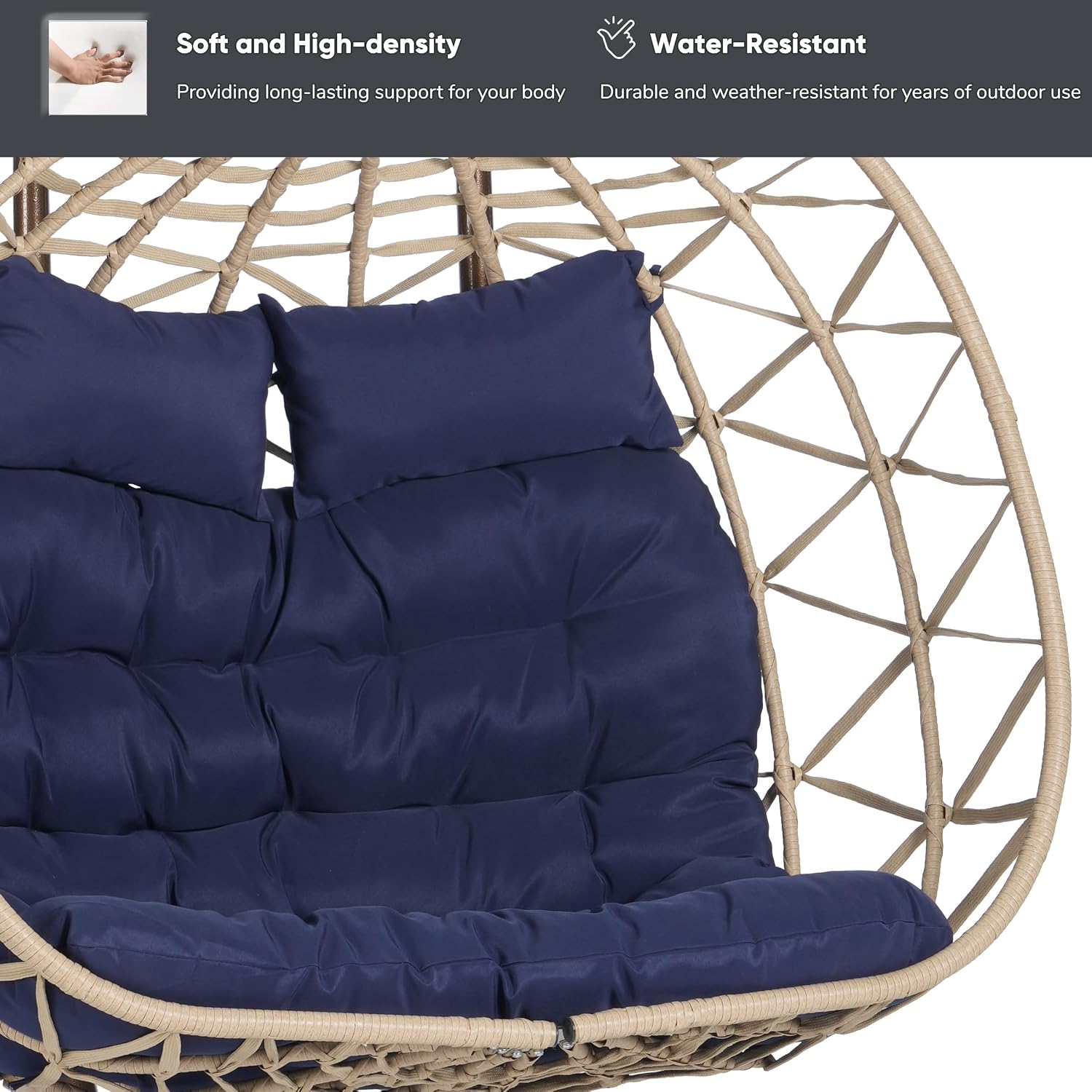JOYBASE Double Swing Egg Chair with Stand, 2-Person Hanging Egg Chair Wicker Rattan Oversized Swinging Chair for Outdoor Indoor Garden Patio (Dark Blue Cushion and Beige Rattan)