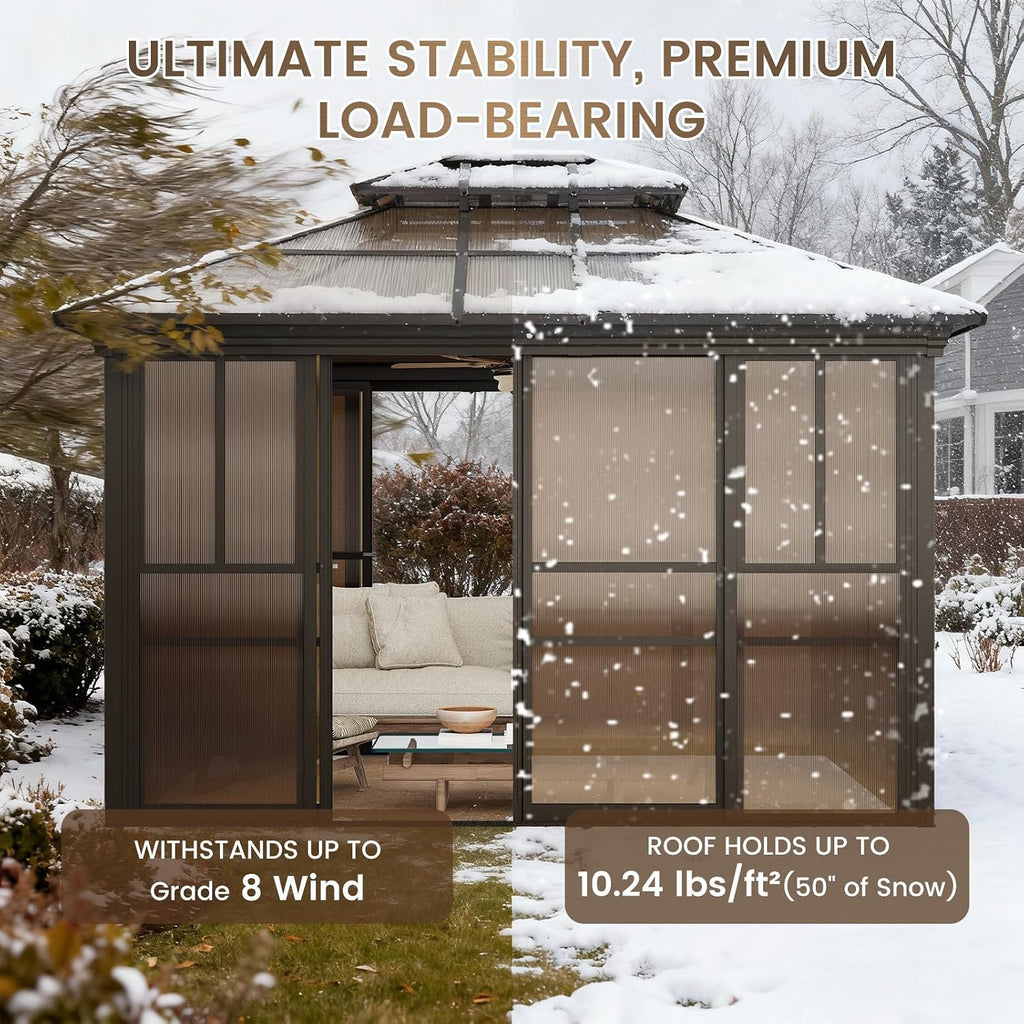 EROMMY 10x12 Sunroom Gazebo, Polycarbonate Roof Outdoor Solarium with Sliding Door & Adjustable Window Panels, Enclosed Patio Sunroom with Mesh Screens, Aluminum Frame Backyard Enclosure