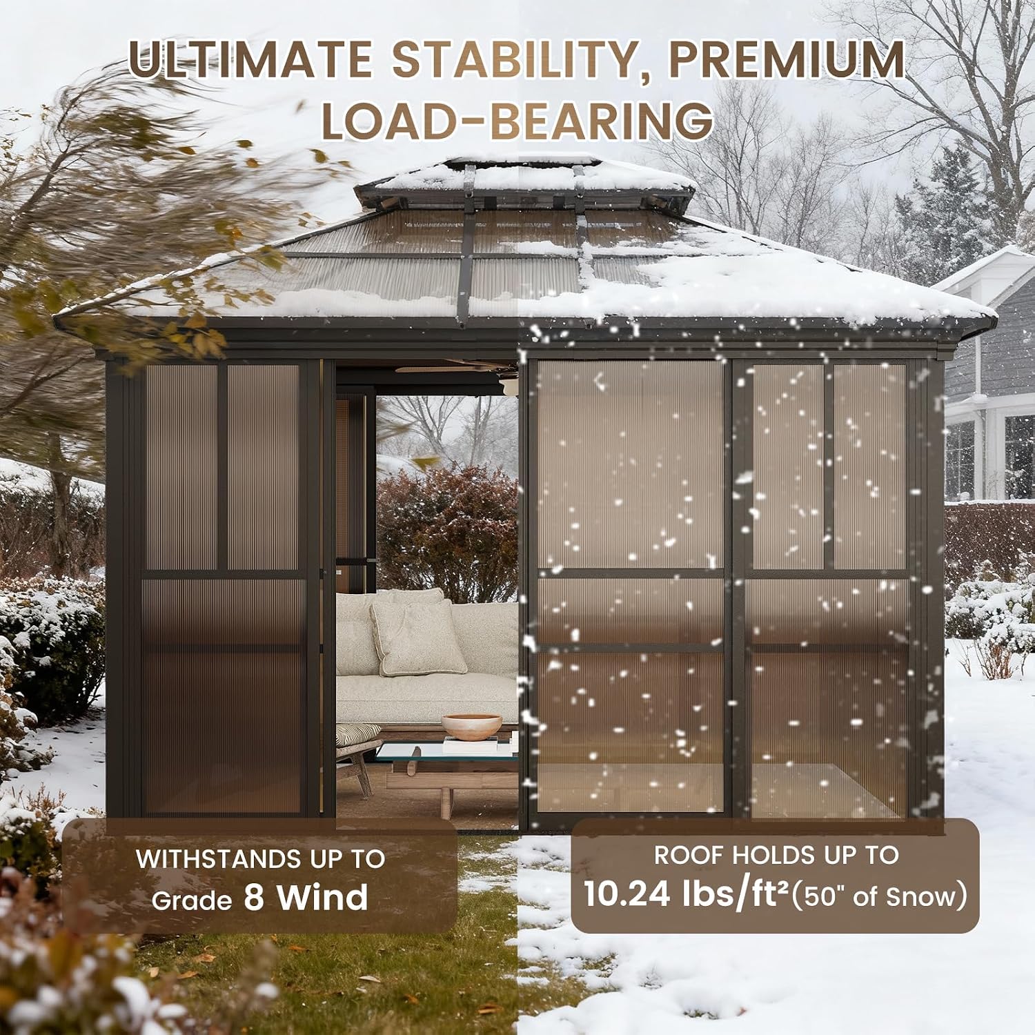 EROMMY 10x12 Sunroom Gazebo, Polycarbonate Roof Outdoor Solarium with Sliding Door & Adjustable Window Panels, Enclosed Patio Sunroom with Mesh Screens, Aluminum Frame Backyard Enclosure