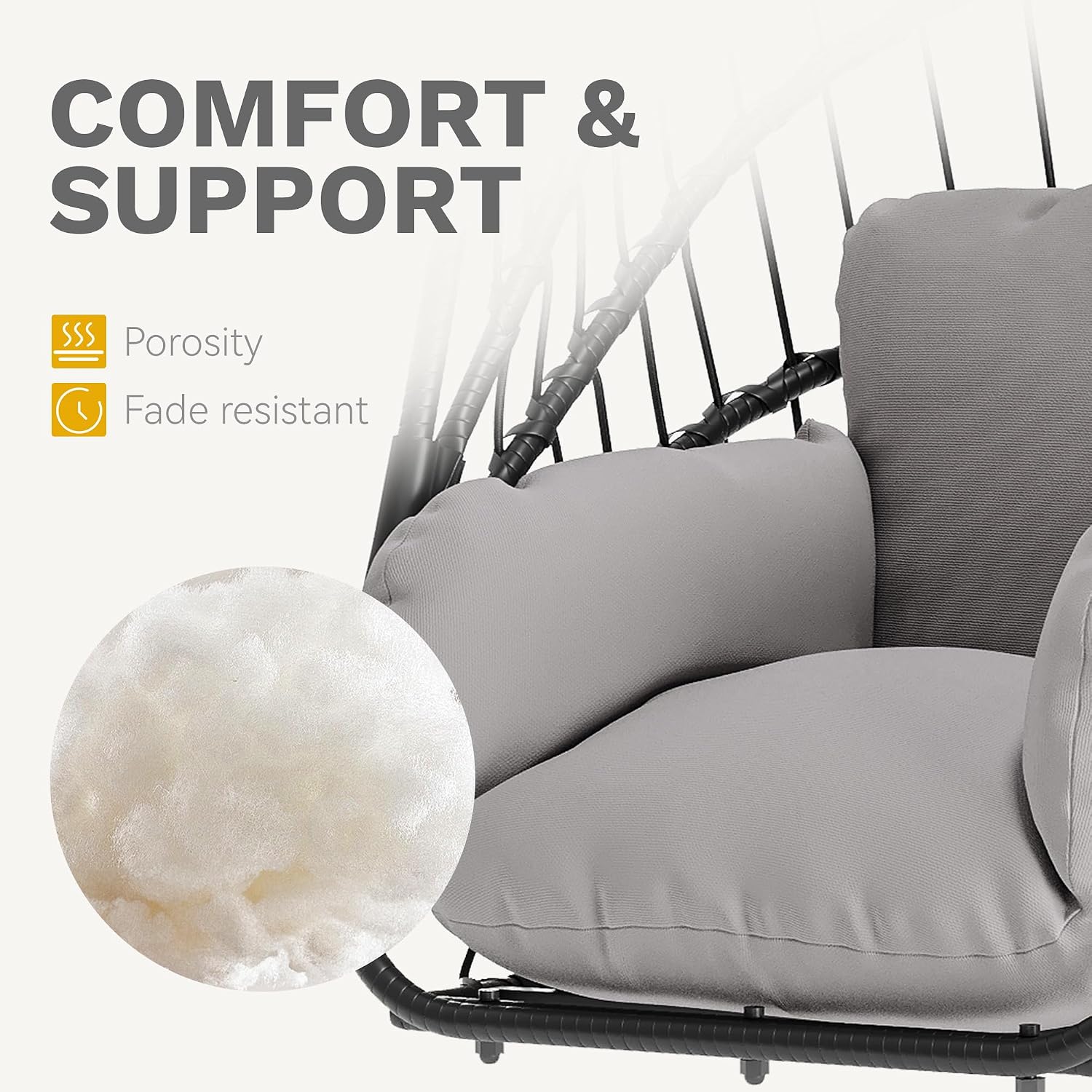 DWVO Wicker Swing Egg Chair 300lbs Capacity - Foldable Hanging Hammock with Cushions & Stand, Indoor/Outdoor Patio Swing Chair for Bedroom, Garden, Balcony (Grey)
