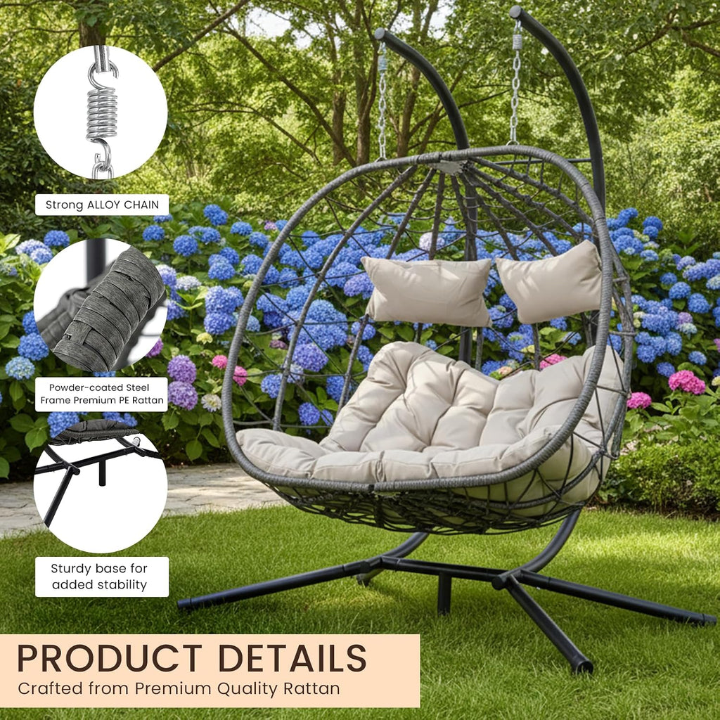 Egg Chair Indoor Outdoor, Foldable Hanging Egg Chair with Stand, Patio Swing Egg Chairs, UV Resistant Removable &Washable Thicken Padded Cushions, 700LBS Capacity for Bedroom