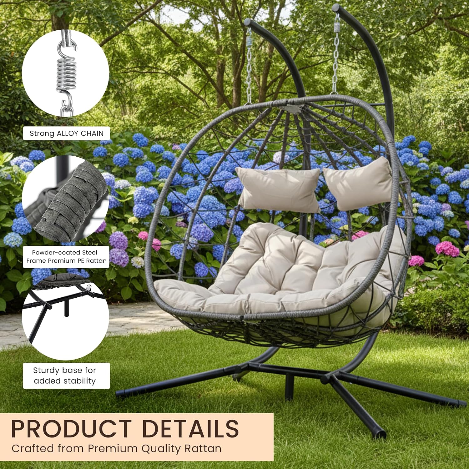 Egg Chair Indoor Outdoor, Foldable Hanging Egg Chair with Stand, Patio Swing Egg Chairs, UV Resistant Removable &Washable Thicken Padded Cushions, 700LBS Capacity for Bedroom