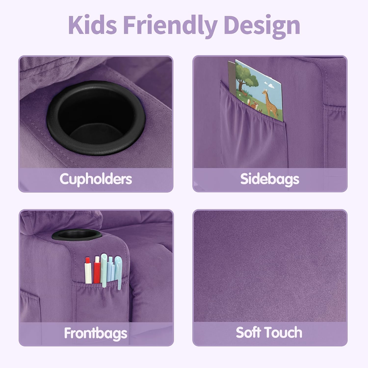 MCombo Big Kids Recliner for Ages 3+, Child Reclining Chair, Toddlers Recliner Sofa with Cup Holders (Velvet, Violet)