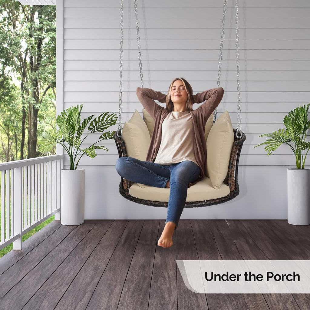 VINGLI 2.4 FT 1-Person Use Round Rattan Porch Swing Outdoor Support 440 LBS with Cushions & Adjustable Chains, Patio Wicker Swing Bench Chair for Garden, Yard, Lawn, Tree, Brown