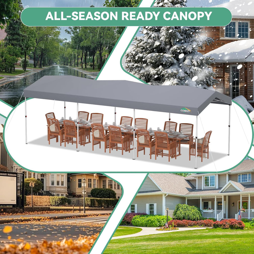 COBIZI 10x30 Pop Up Canopy with One Button Push Center Lock,Ez Up Portable Carport with 3 sidewalls,Waterproof UV50+ Outdoor Party Commercial Carport Canopy Gazebos with Roller Bag(10 x 30 ft Gray)