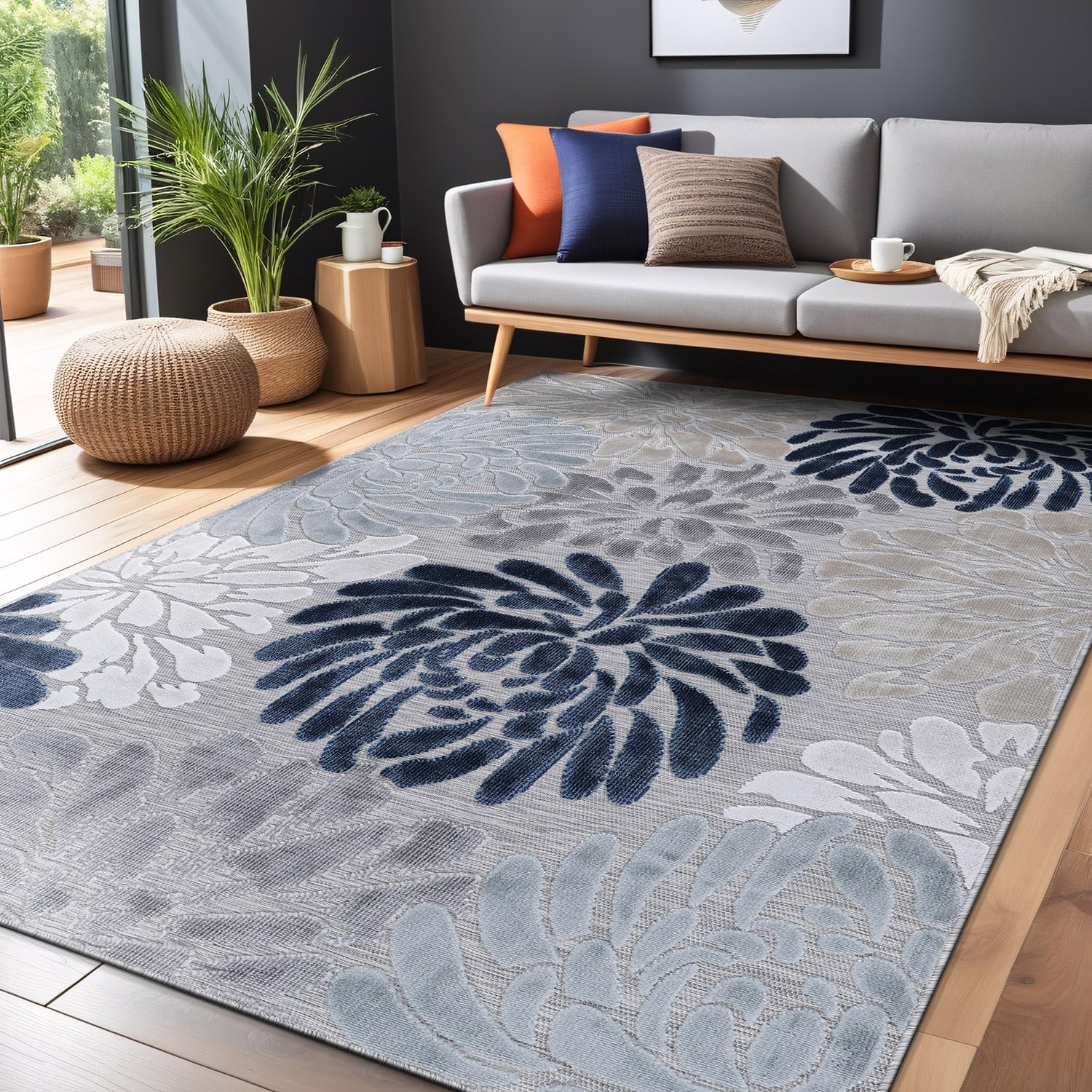 Luul Home Floral Indoor Outdoor Rugs 6x9 Large Area Rug for Living Room, Patio Decor, Kitchen, and Entryway Rug, Washable Stain Resistant Outside Carpet Blue 6 x 9