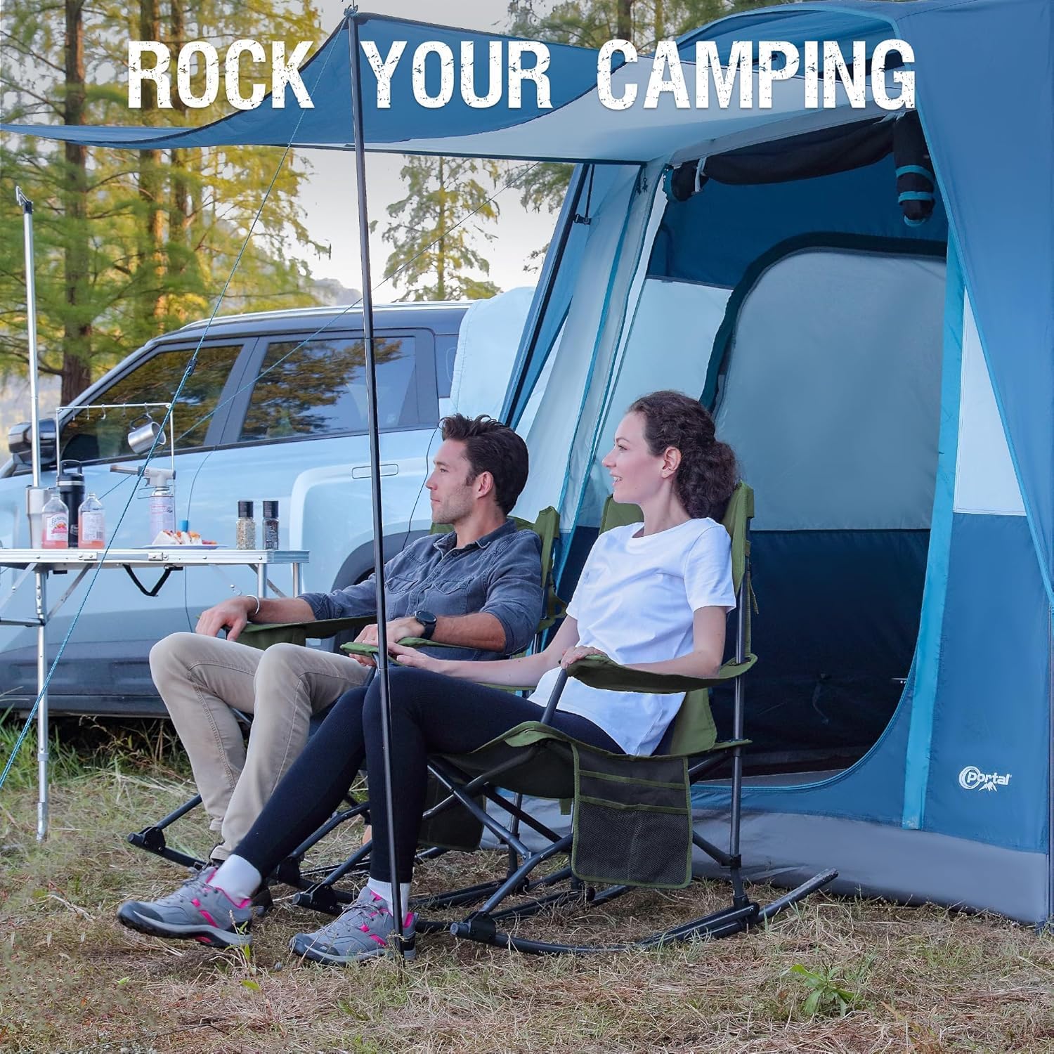 Portal Outdoor Rocking Chair Camping Folding Portable Rocker with Cup Holder Side Pocket Carry Bag, Support 350LBS (Green), 2 Pack
