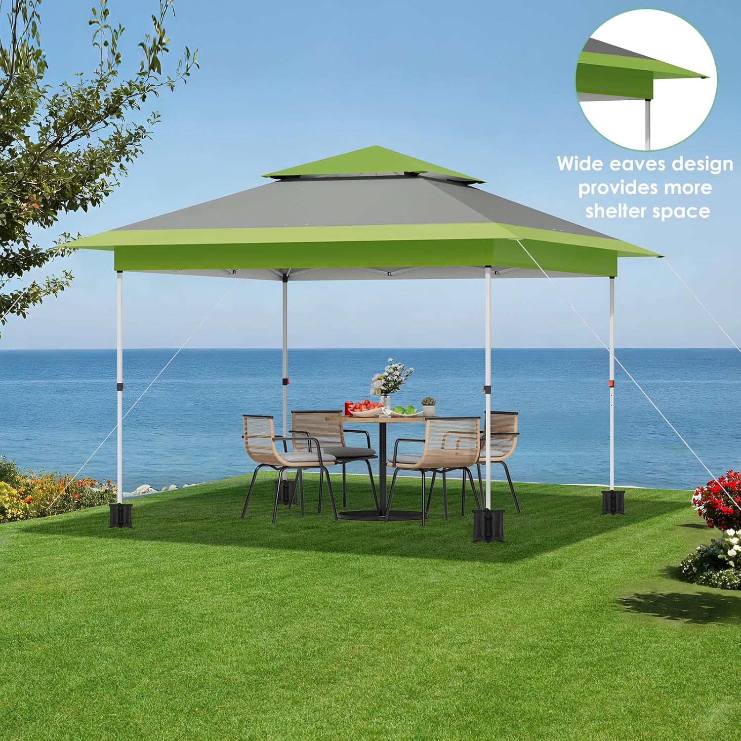 TLSUNNY 13X13 Pop Up Canopy Tent, Camping Shader W/Overhanging Eaves & Sand Bag, Outdoor Gazebo Shelter W/One Push Setup & Wheeled Bag, Height Adjustable, for Patio, Market, Party (Green, 13FTX13FT)