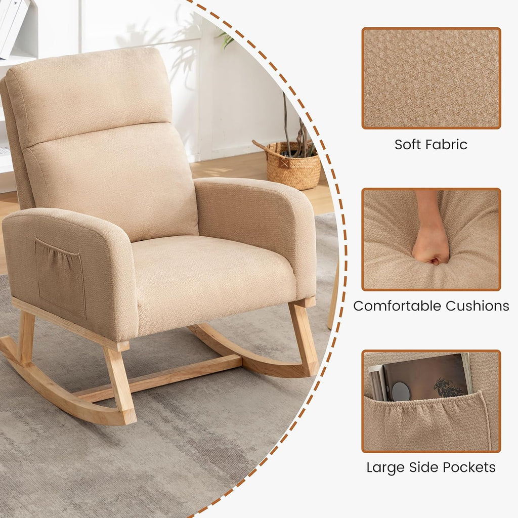 Rocking Chair Nursery, Nursery Rocker Chairs for Mom with High Backrest and Solid Wood Legs, Modern Glider Chairs for Nursing Living Room Bedroom, Khaki