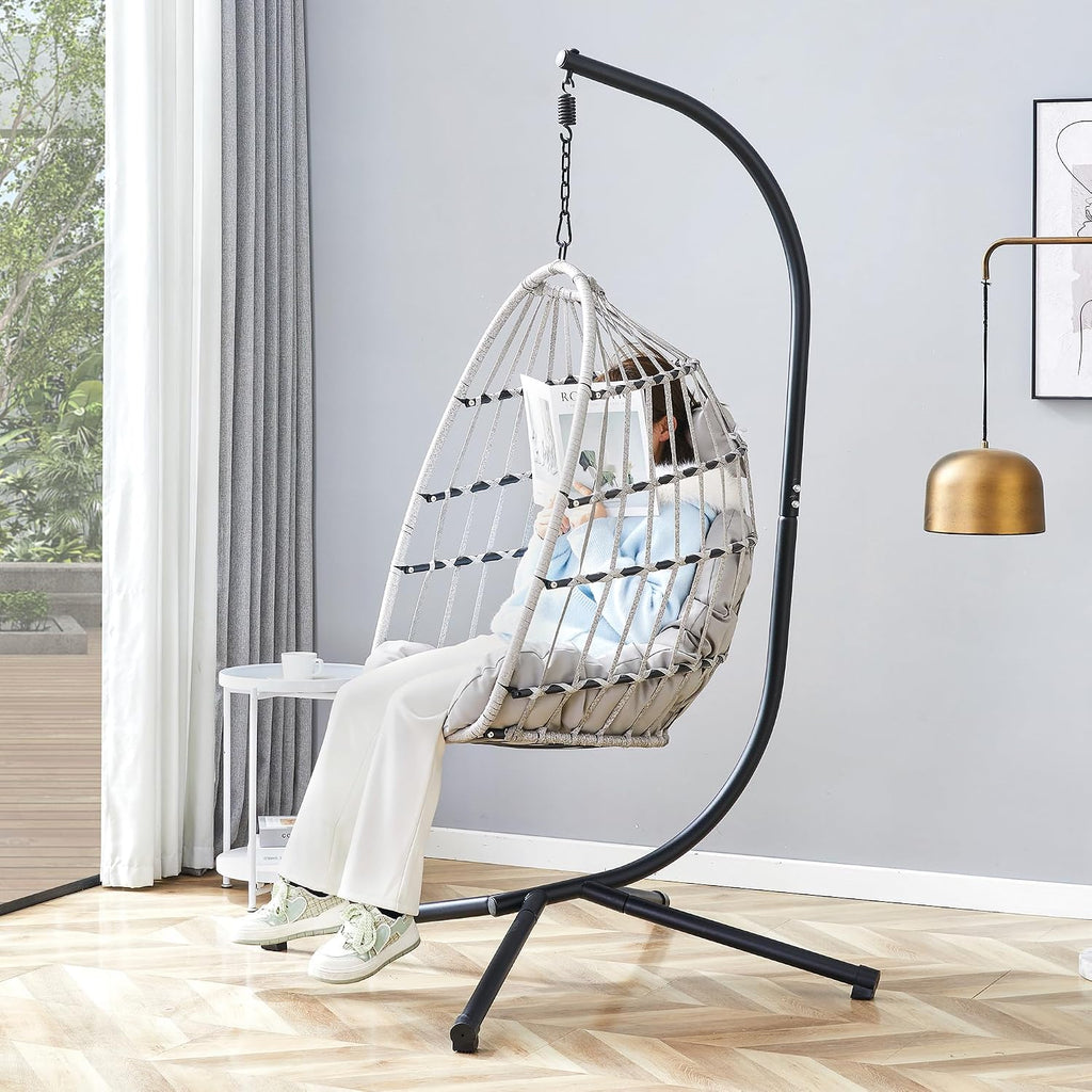 Egg Chair with Stand – Faux Rattan Wicker Hanging Hammock Chair, Soft Cushions & Pillow, Titanium Alloy Frame, UV-Resistant, All-Weather, Easy Assembly, 350 lbs Capacity for Patio, Garden, Balcony