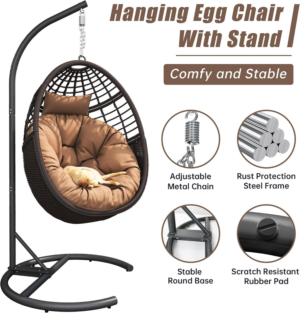 Hanging Egg Chair Hammock with Stand Wicker Rattan for Indoor Outdoor Patio Bedroom Swing with Steel Frame and Soft Cushion