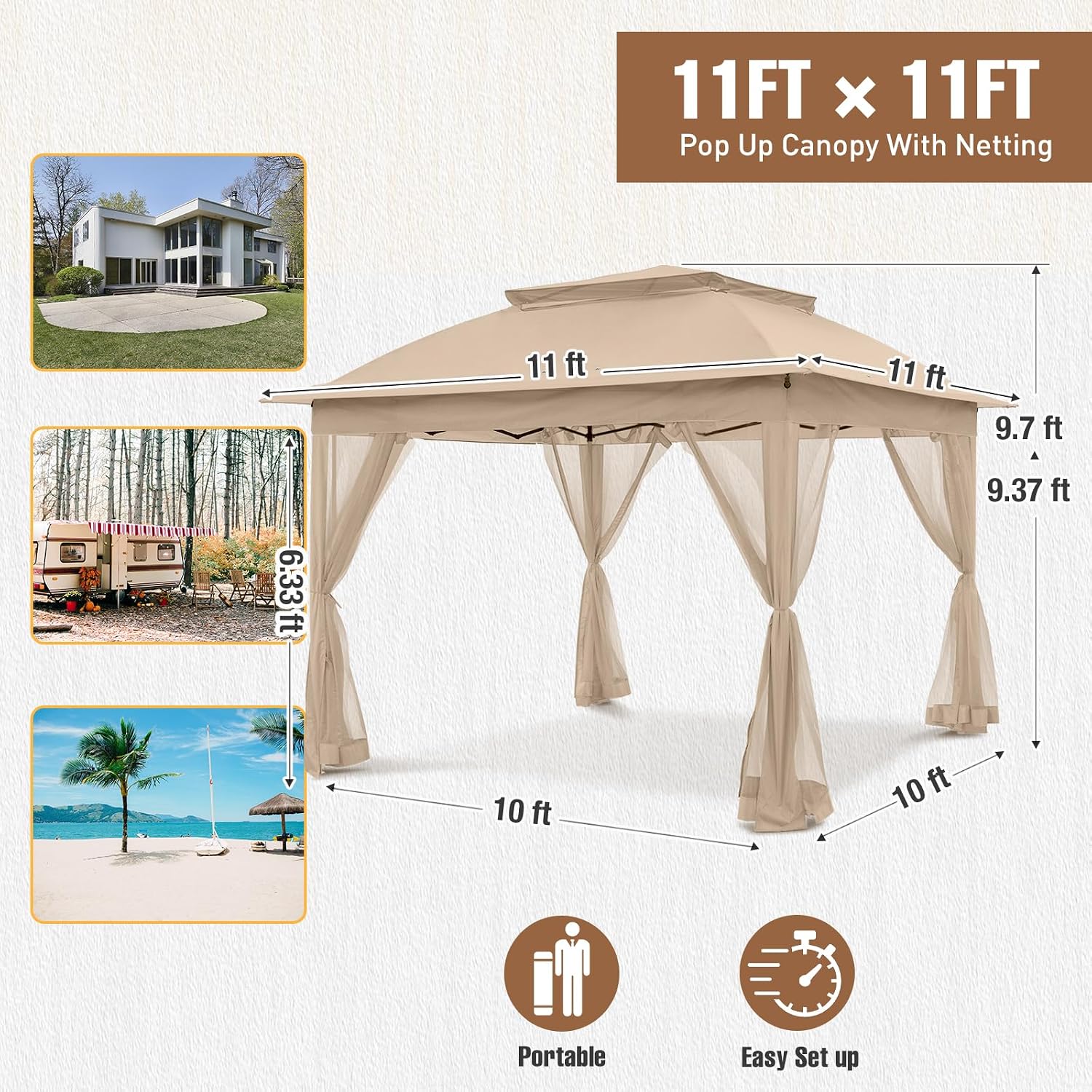 11x11 Pop Up Gazebo Tent with Mesh Netting, Instant Outdoor Canopy with UPF 50+ UV Protection, Water Resistant, Khaki