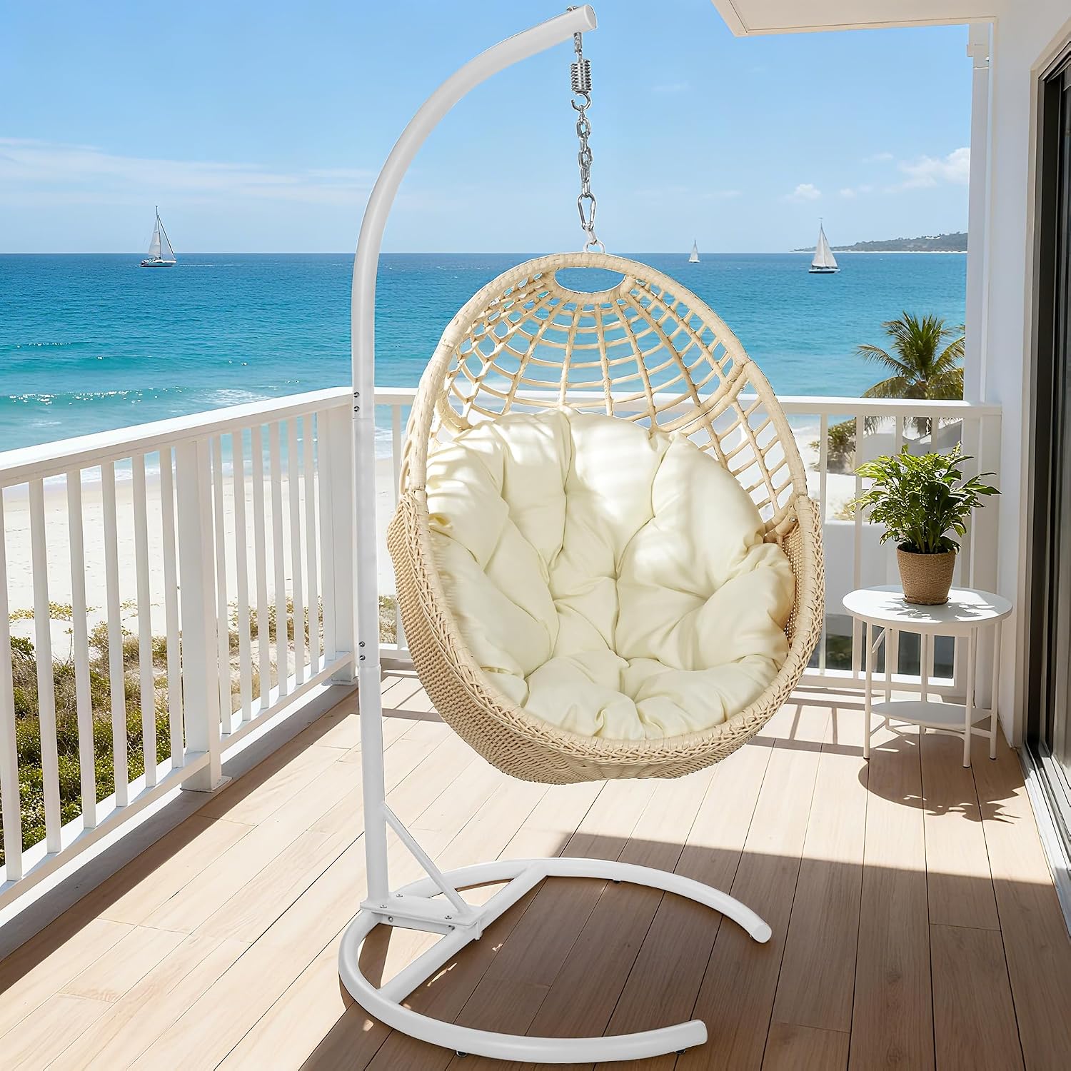 TWT Egg Swing Chair with Stand Hanging Egg Chair Outdoor - Rattan Wicker Patio Hanging Basket Chair Hammock Chair with Metal Frame and UV Resistant Cushion for Indoor Bedroom Balcony (Beige)