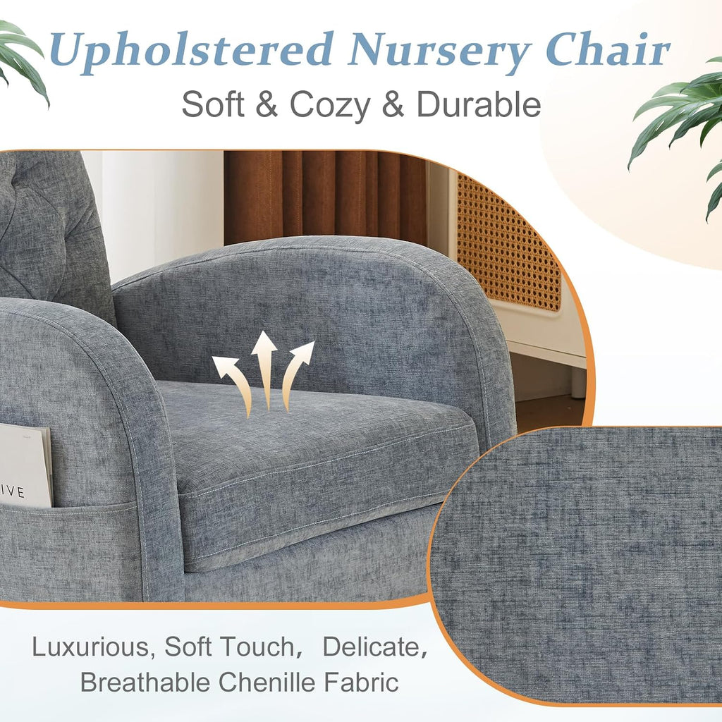 VINGLI Chenille Low Seat Nursery Rocking Chair,Upholstered Comfy Rocker Glider Chair with Side Pockets, Accent Arm Chair with High Backrest,Solid Wood Base for Living Room Bedroom Balcony,Blue