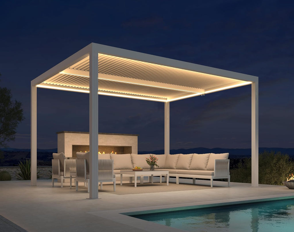 PURPLE LEAF Outdoor Louvered Pergola 11' x 13' with Light Belt White Aluminum Gazebo Pergola with 2 Independently Adjustable Rainproof Hardtop for Patio Garden Yard