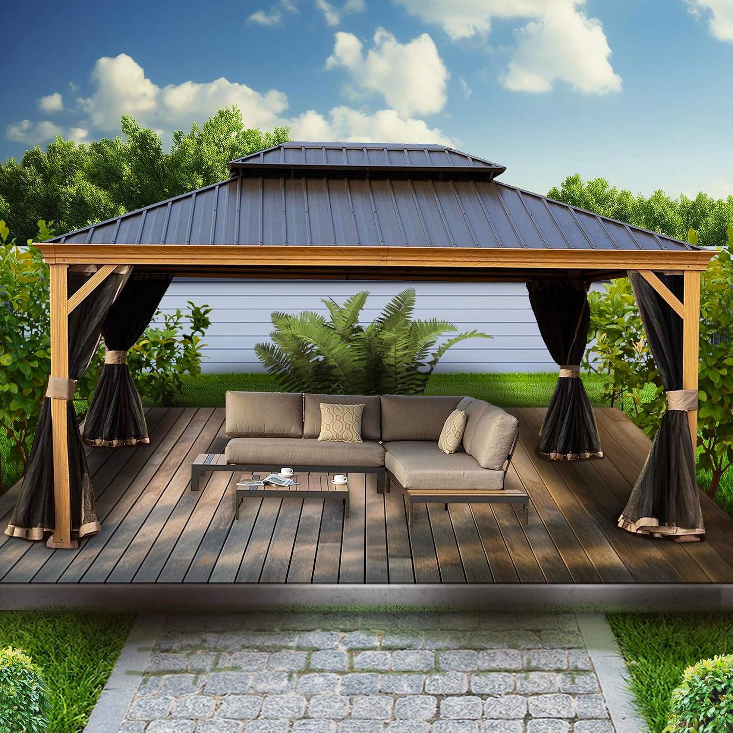 Kozyard Apollo 12'x16' Hardtop Gazebo, Wooden Coated Aluminum Frame Canopy with Galvanized Steel Double Roof, Outdoor Permanent Metal Pavilion with Netting for Patio, Deck and Lawn (12ft x 16ft)