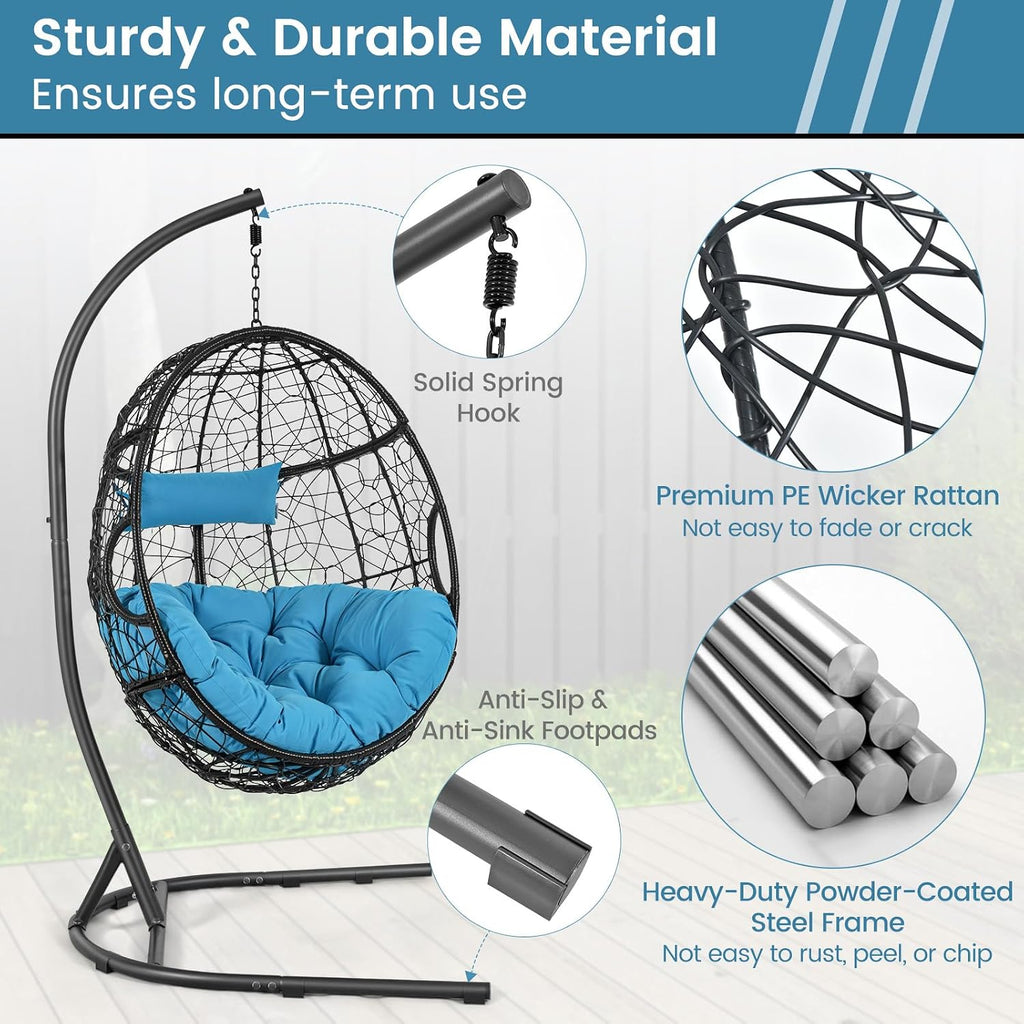 Tangkula Egg Chair with Stand, Hanging Egg Swing Chair with Removable Seat Cushion & Headrest, All-Weather Indoor Outdoor Hanging PE Wicker Egg Chairs for Outside, Balcony, Bedroom (Turquoise)