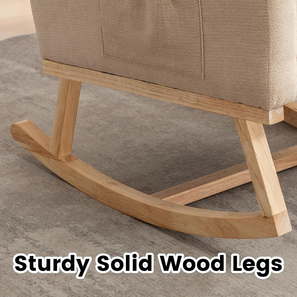 Rocking Chair Nursery, Nursery Rocker Chairs for Mom with High Backrest and Solid Wood Legs, Modern Glider Chairs for Nursing Living Room Bedroom, Khaki