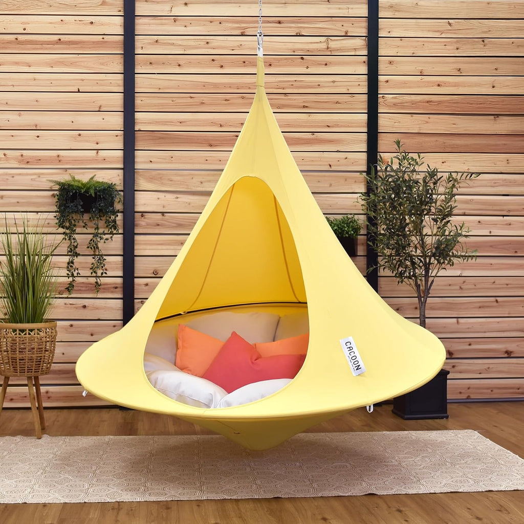Double Cacoon Hanging Chair for Two – Cozy Indoor/Outdoor Hammock with Polyester Canvas, 440 lb Capacity, Includes 18ft Rope & Carabiner (Lemonade)