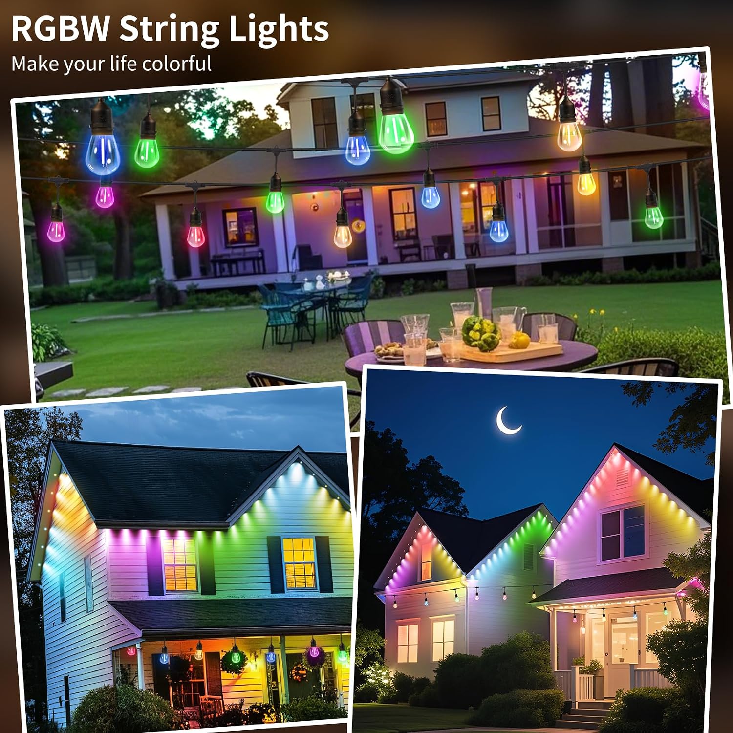 74FT Outdoor String Lights, Outdoor Lights for Patio,with 36+4 LED RGBW Color Change,3000K Bright White Waterproof Bulbs, Dimmer & Remote, Customized 12 Colors & 4 Modes, for Backyard Decor