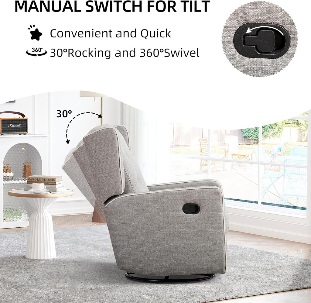 CANMOV Swivel Rocker Recliner Chair, Rocking Chair Nursery Glider Recliner, Manual Glider Chair for Nursery (Gray)