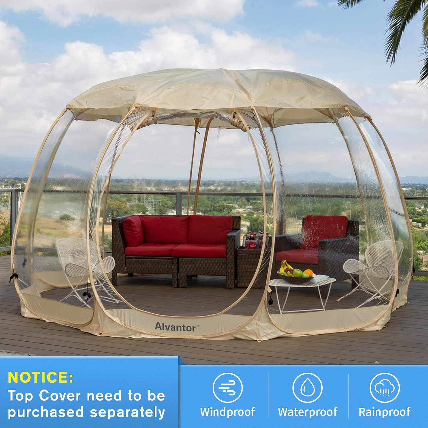 Alvantor® Pop Up Bubble Tent® - 15' x 15' Instant Igloo Tent® - 12-15 Person Screen House for Patios - Large Oversize Weather Proof Pod - Cold Protection Camping - Beige