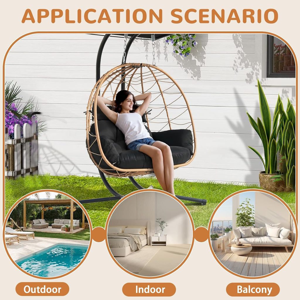 Double Egg Swing Chair With Stand & Adjustable Canopy, Outdoor Indoor Hanging Egg Chair, Handwoven Pe Rattan Loveseat With Uv-Resistant Cushions, 680Lbs Capacity For Patio, Garden, Balcony (Black)