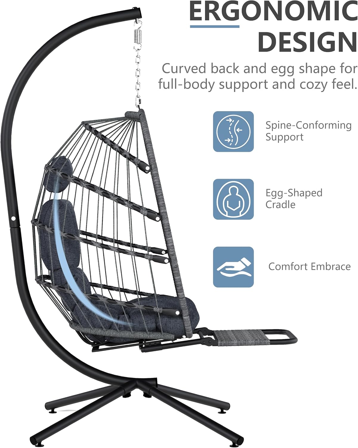 SWITTE Egg Chair Outdoor with Footrest & Stand, Indoor Wicker Hanging Egg Swing Hammock Chair with Cushion for Patio, Bedroom, Garden - Charcoal