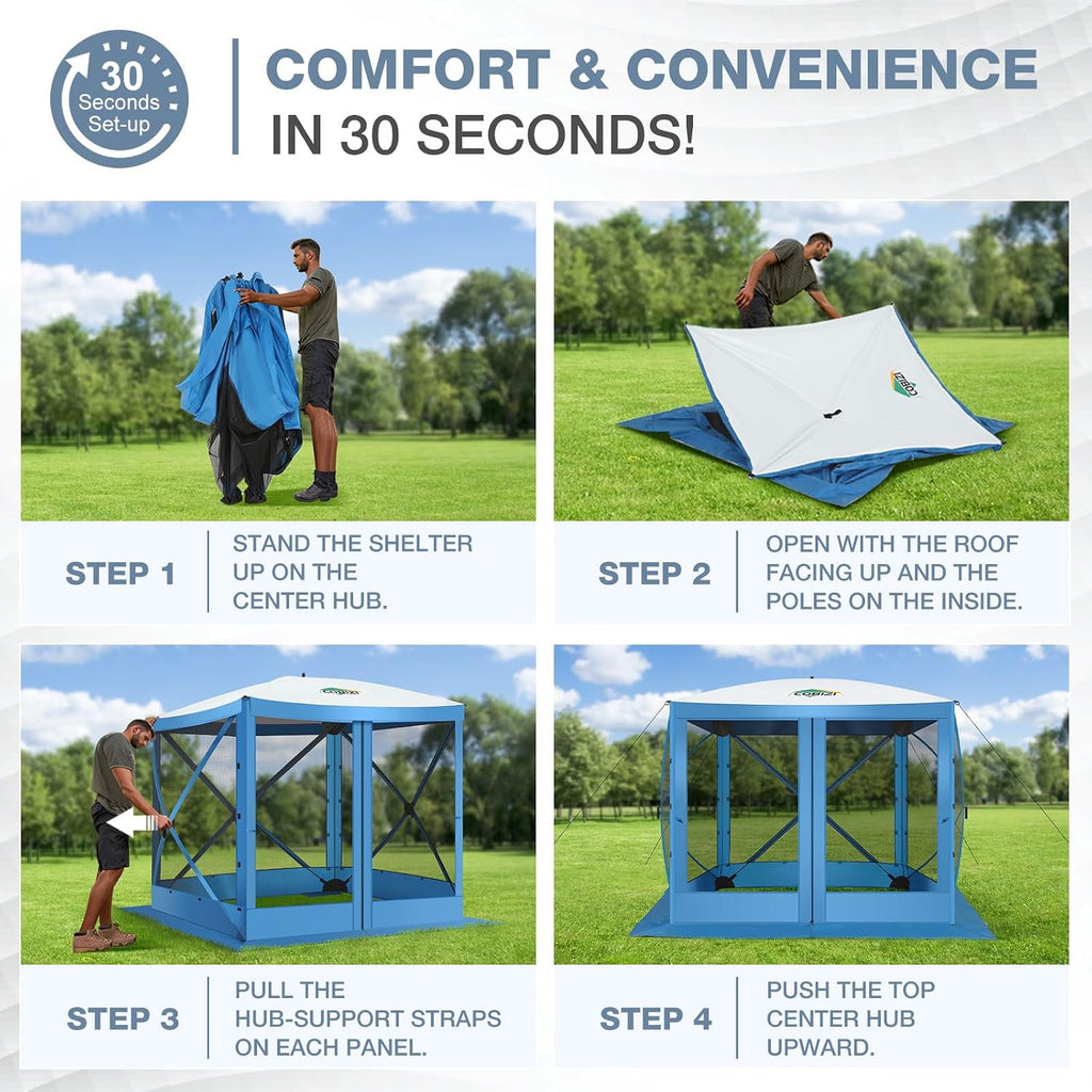 COBIZI Pop Up Gazebo Screen Tent Screen House for Camping, 8FTx8FT Screen Room with Mosquito Netting, Hub Tent Instant Screened Canopy with Carrying Bag and Ground Stakes, Blue