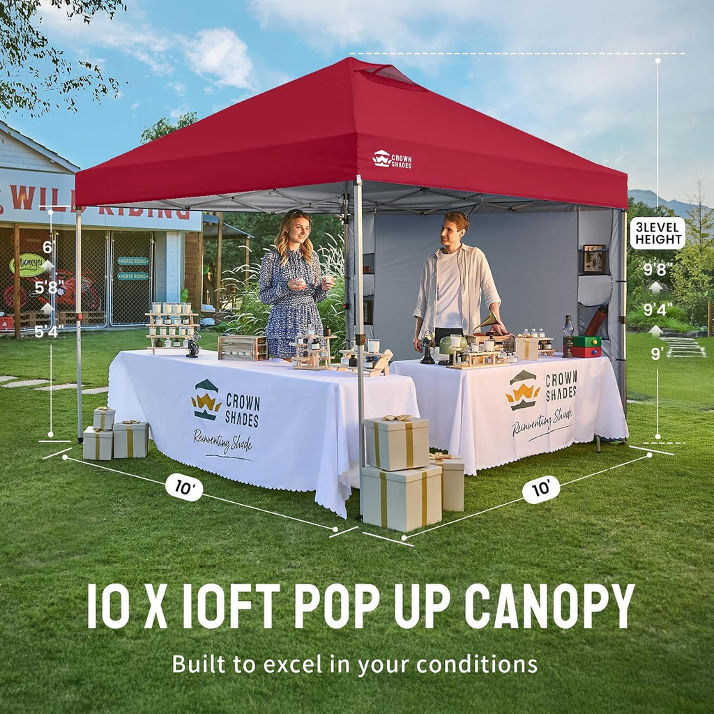 CROWN SHADES Canopy Tent 10x10 Pop Up Canopy Outdoor Shade with Pockets Sidewall, Easy Up Sun Shelter with One Person Set Up Center Lock, Portable Instant Camping Beach Canopy Tents, Red