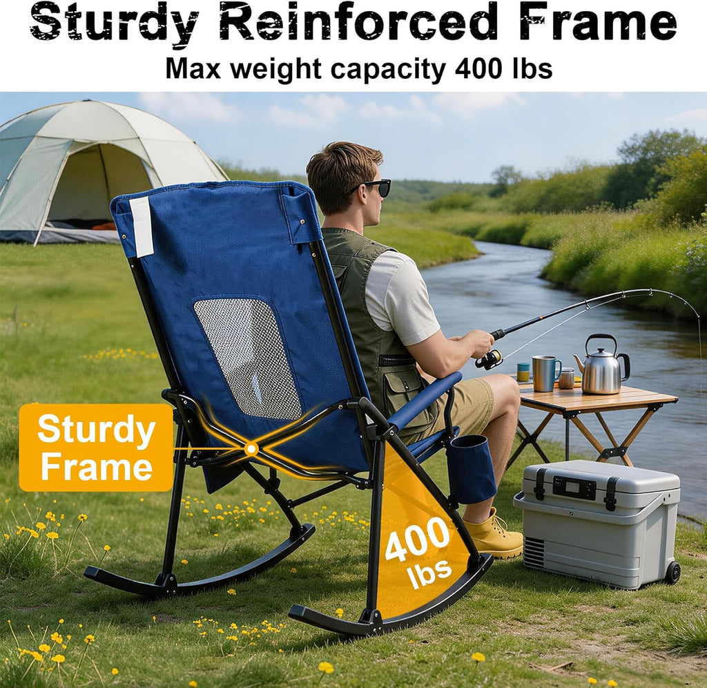 Romswi 2 Pack Rocking Camping Chair for Adult 400LBS Capacity, Heavy Duty Folding Rocking Chairs, Portable Outdoor Rocker with High Back & Hard Armrests for Camping, Beach, Patio, Backyard, Mesh Blue