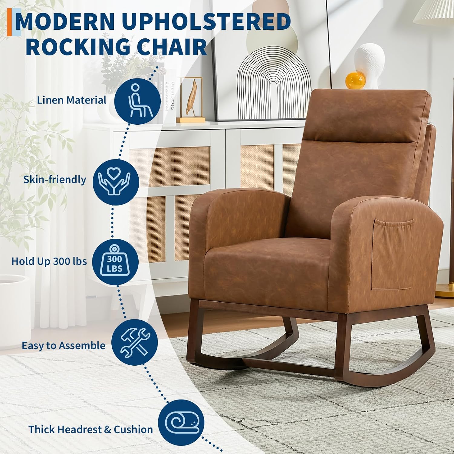 Glider Chair, Modern Rocking Chair, Nursery Faux Leather Glider Chair with Rubber Wood Legs and Side Pocket, Rocking Accent Armchair for Living Room