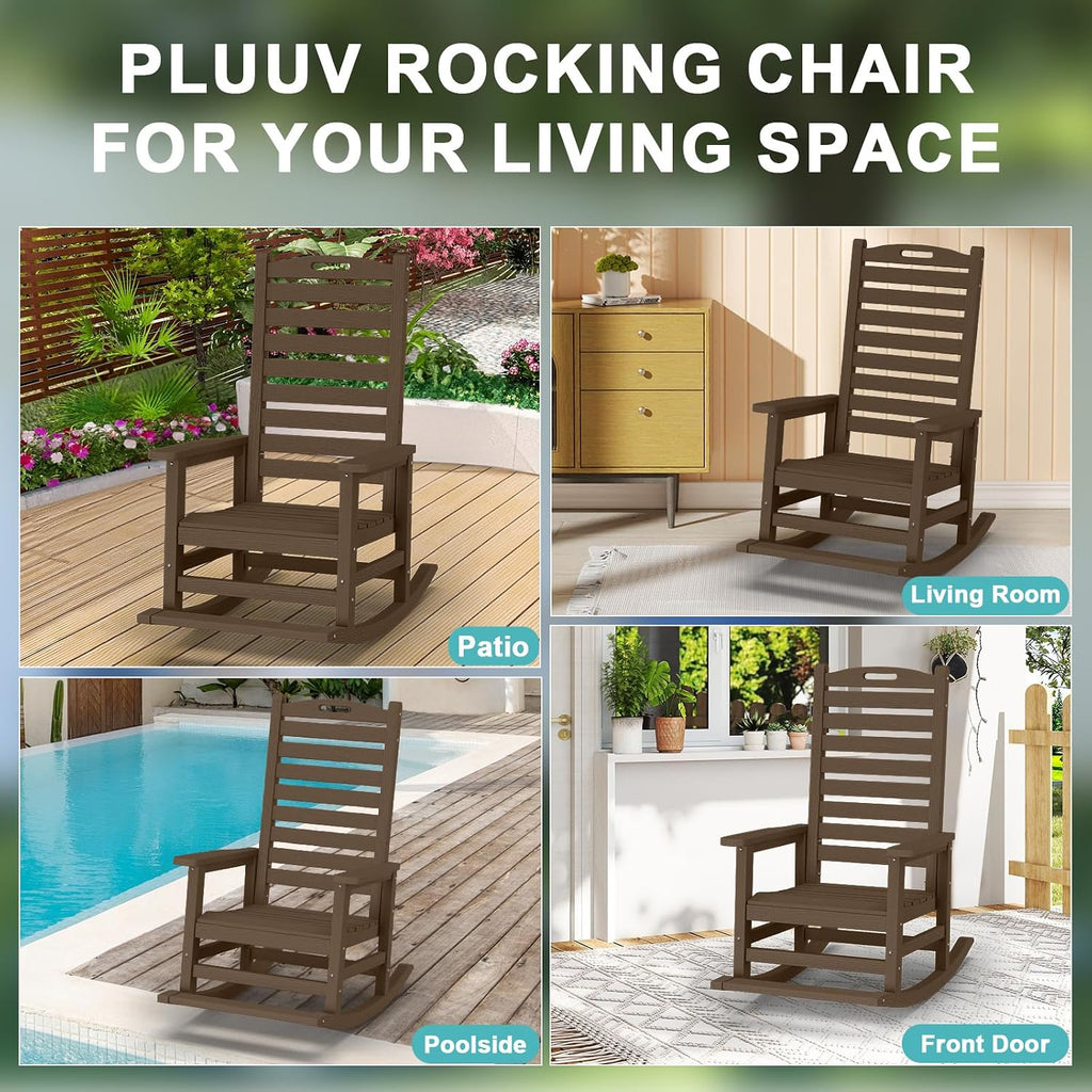 PLUUV Outdoor Rocking Chair with Removable Footboard for Adults, HDPE High Back Patio Rocking Chairs, 330lbs All Weather Porch Rocking Chairs for Outdoor & Indoor -Brown
