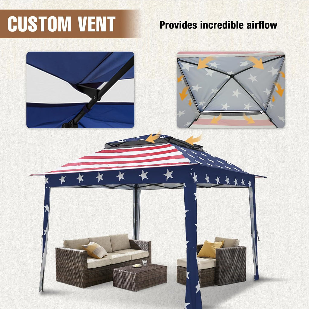 11x11 Pop Up Gazebo Tent with Mesh Netting, Instant Outdoor Canopy with UPF 50+ UV Protection, Water Resistant, American Flag