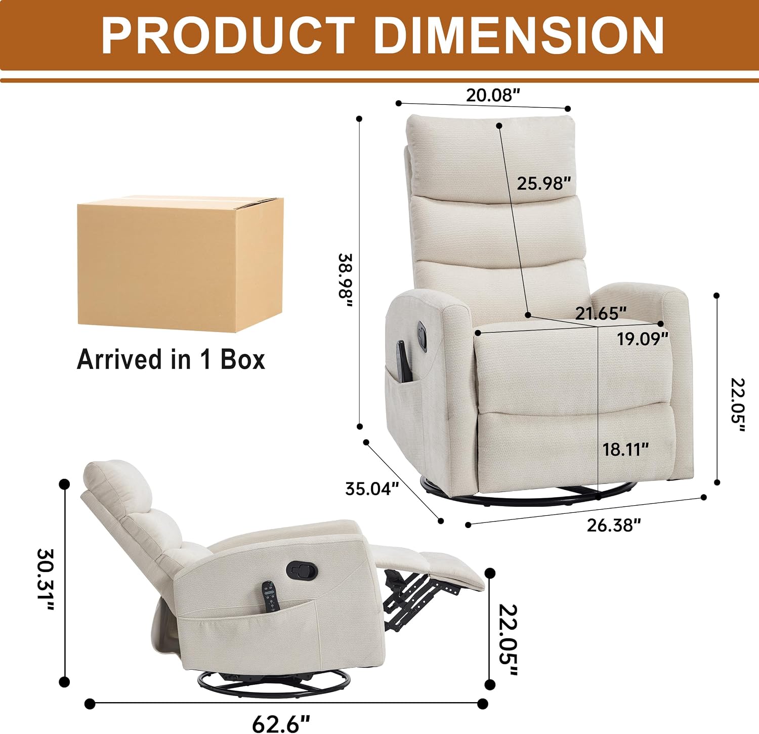 Manual Swivel Rocker Recliner Chair with Vibration Massage, Overstuffed Glider Chair with Lumbar Heat for Nursery, Living Room Reclining Sofa Chair, Chenille Fabric Beige