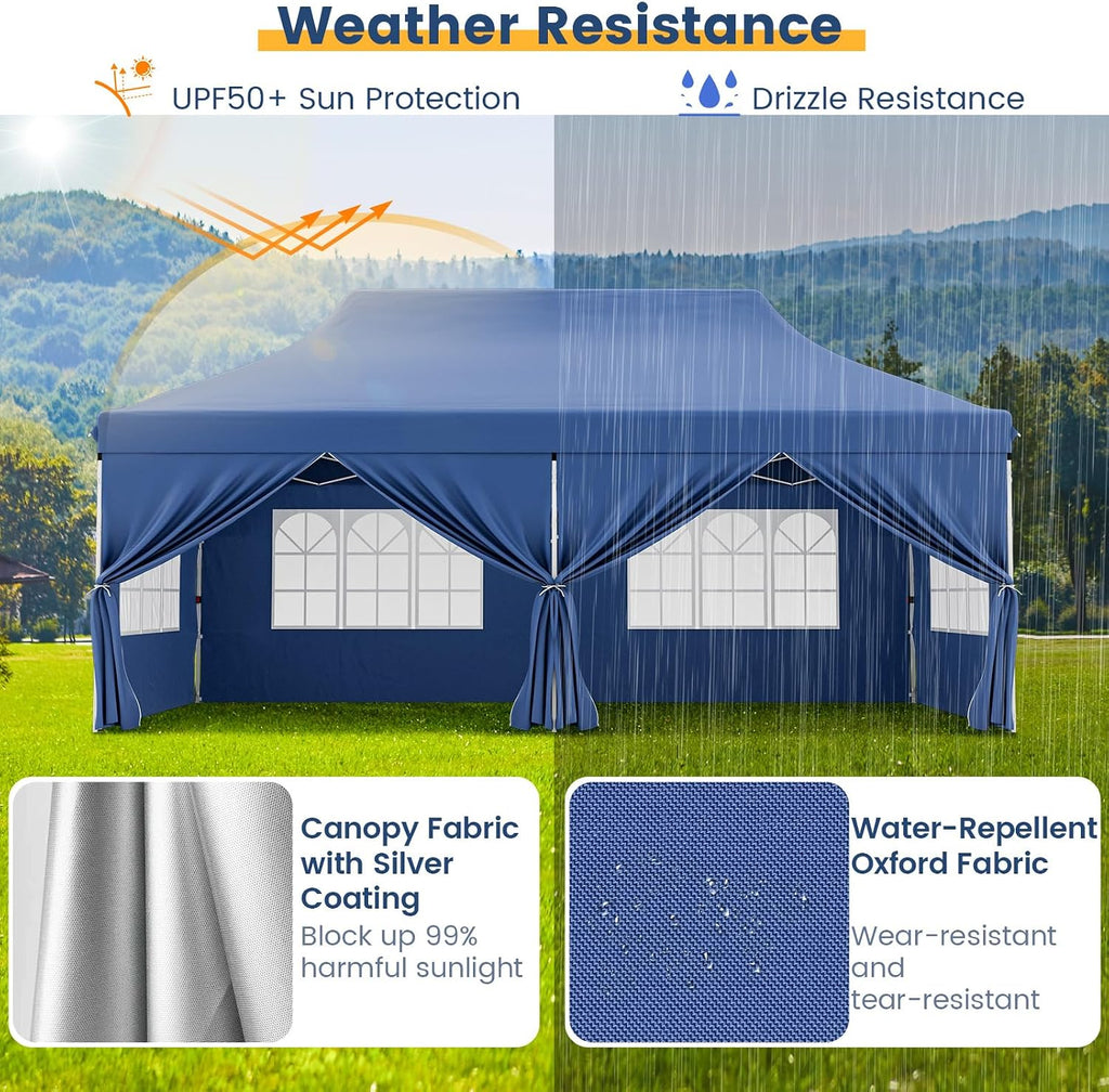 HAPPYGRILL 10x20FT Pop-up Canopy with Detachable Sidewalls, Instant Canopy Tent with Carrying Bag, UPF50+ Sun Protection, Easy Setup Gazebo for Outdoor Party Wedding, Blue