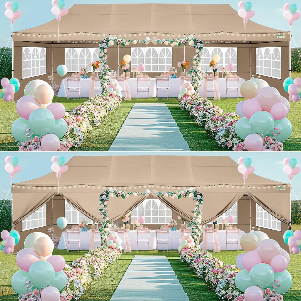 COBIZI 10x30 Pop up Canopy with Roller Bag & 8 Removable Sidewalls, Canopy Tent for Parties, Wedding, and Commercials, Waterproof and Instant Shelter UV50+ Outdoor Gazebo with 4 Sandbags(Khaki)