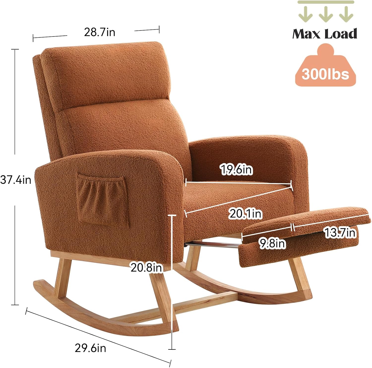 HCHAIRH Rocking Chair Nursery with Foot Rest, Nursing Rocking Chairs for Mom Nursery, Teddy Rocker Glider with High Backrest for Living Room, Bedroom, Brown