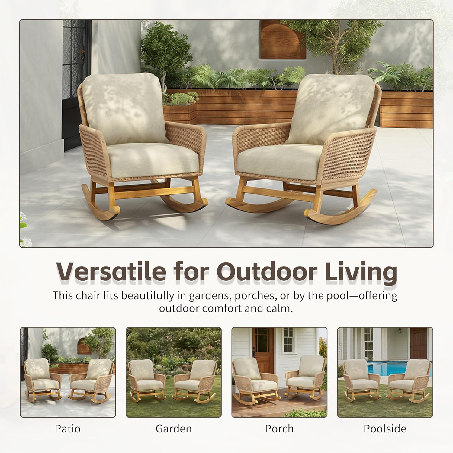 Christopher Knight Home Nadine Patio Rocking Chair, Wicker Rocker, Wood Leg Rocking Chair, PE Rattan Wicker Chair, Rocking Chair with Cushions, Comfort Wicker Rocker for Backyard Balcony Porch, Beige