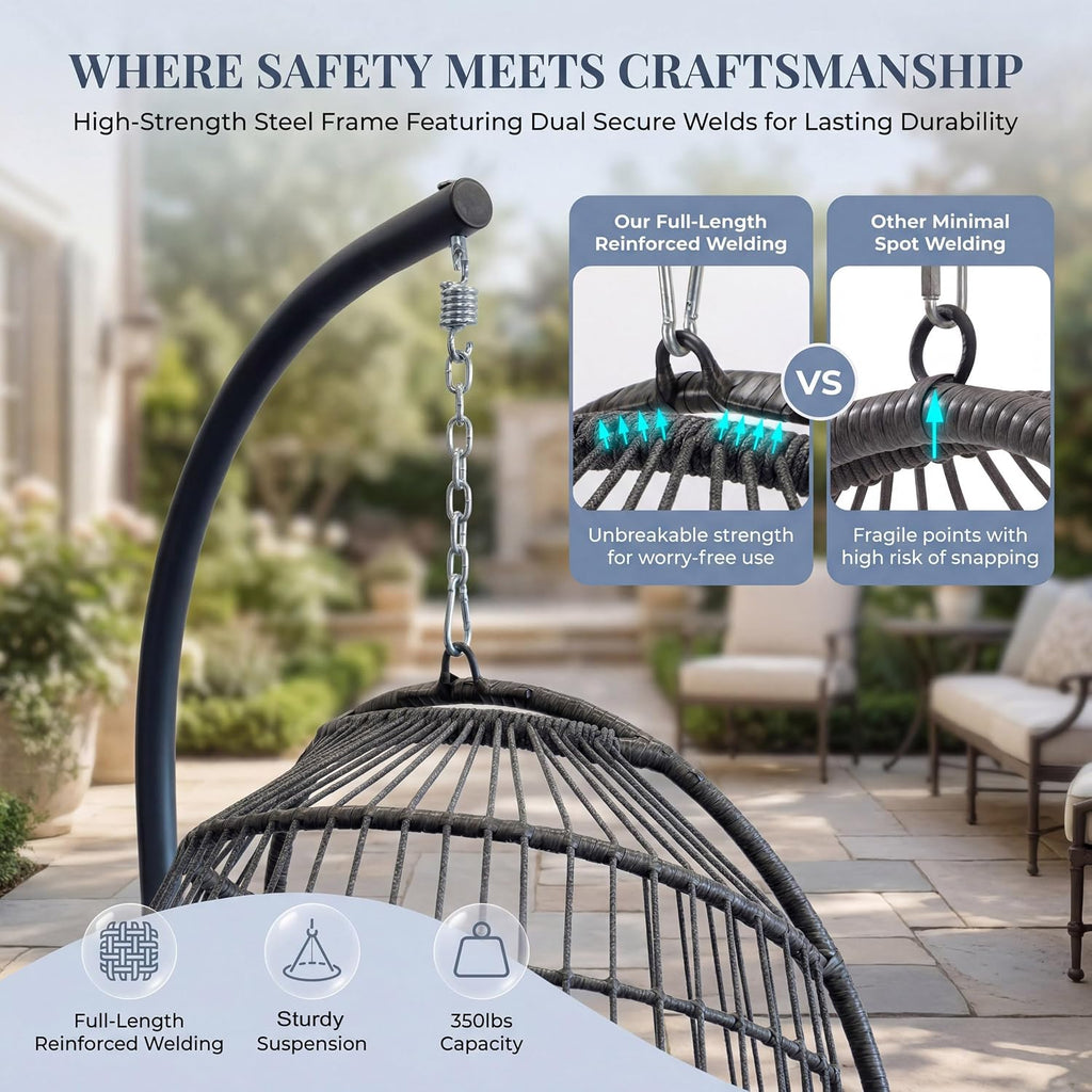 NICESOUL Comfy Indoor Outdoor Egg Chair, Patio Wicker Egg Shaped Swing Chair with Stand, Hanging Basket Seating with Cushion, 350lbs Heavy Duty Gift Hammock Chairs for Balcony Backyard Bedroom, Gray