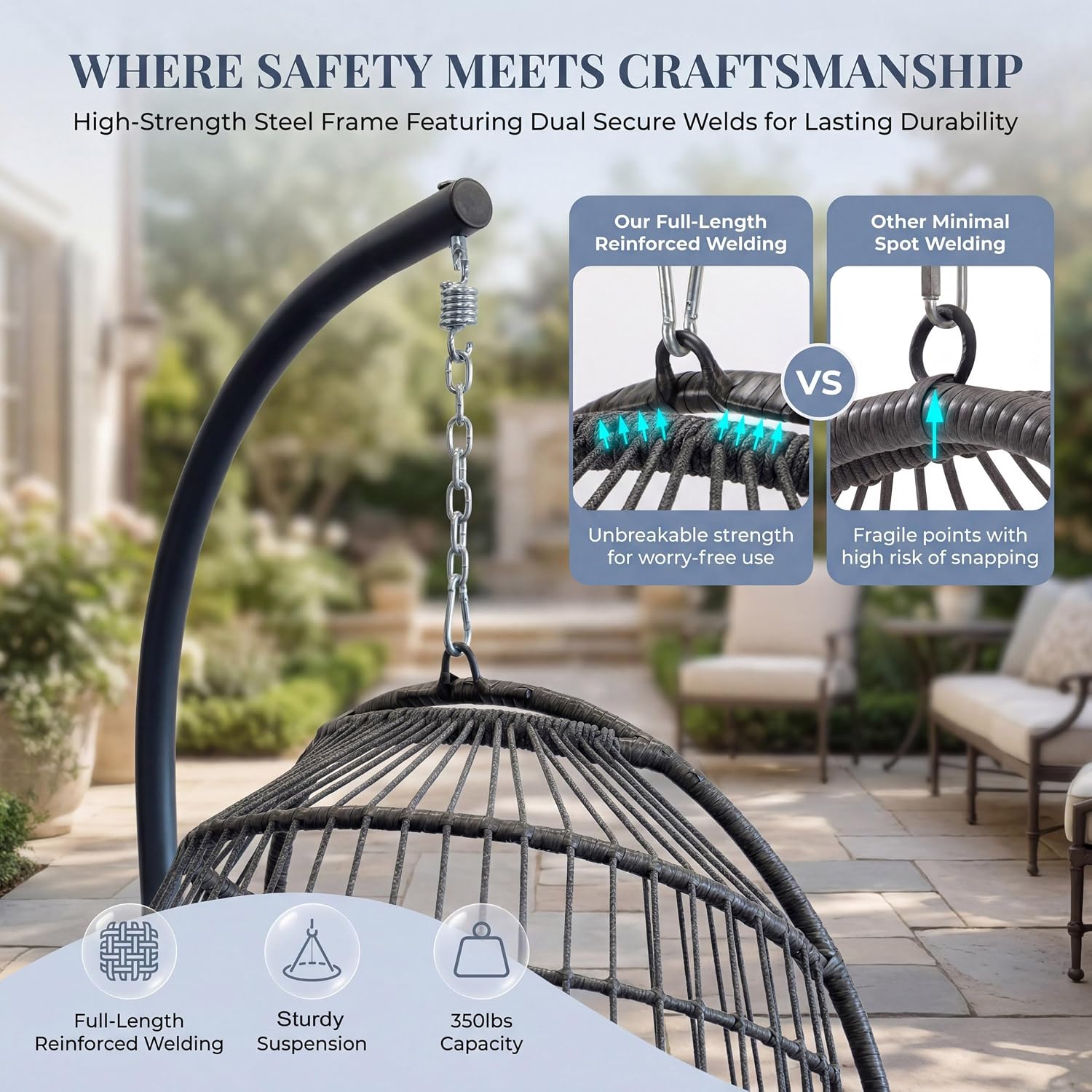 NICESOUL Swing Egg Chair with Stand Indoor Outdoor, Comfortable All Weather Wicker Patio Hanging Egg Shaped Chair with Cushions, 350lbs Capacity Hammock Chairs for Porch Balcony Bedroom, Dark Gray