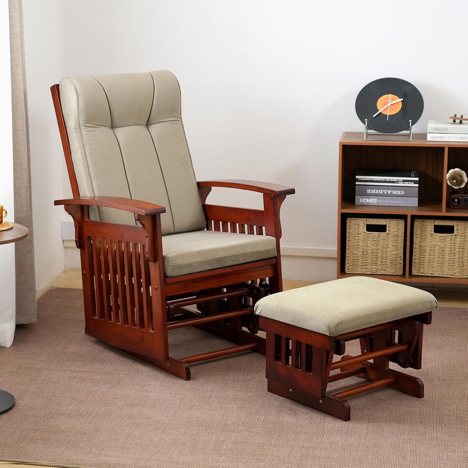 Glider Rocking Chair Nursery with Ottoman Smooth Rocking Motion, Easy to Assemble, Solid Hardwood Base Indoor Adult(Brown)