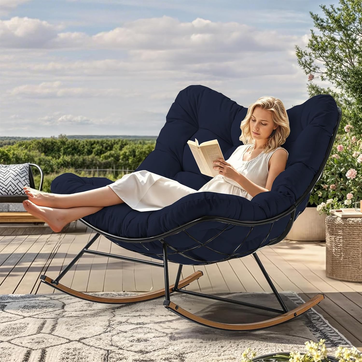 Outdoor Rocking Chair Cushion – Waterproof Wicker Egg Chair Replacement Pad, Thick Papasan Seat Cushion with Ties for Indoor & Outdoor Patio, Porch, Balcony, or Garden (Navy Blue)