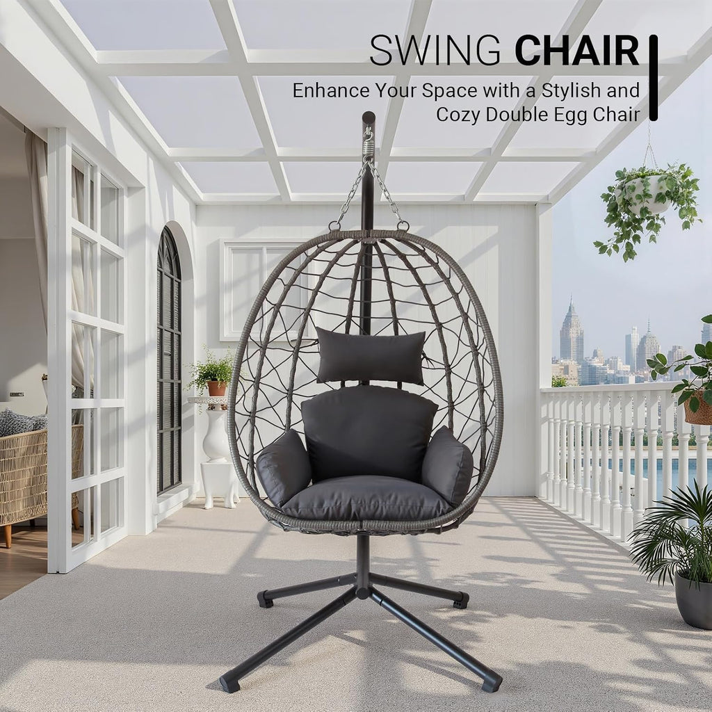 JOINFUN Egg Chair with Stand, Patio Wicker Hanging Swing Egg Chair Thickened, Galvanized Pipe Steel Frame and UV Resistant Cushion for Bedroom Garden Indoor Outdoor, 350LBS Capacity (Drak Grey)