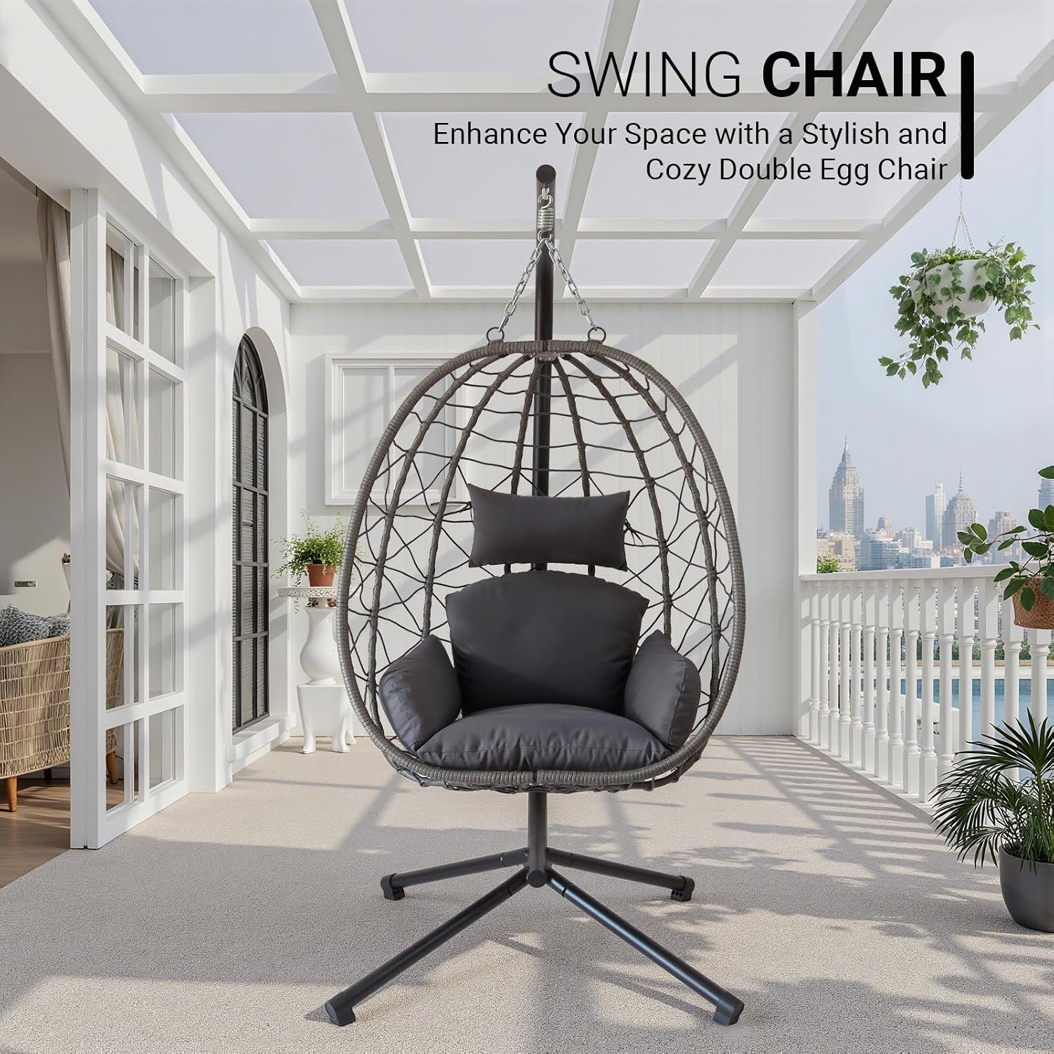 JOINFUN Egg Chair with Stand, Patio Wicker Hanging Swing Egg Chair Thickened, Galvanized Pipe Steel Frame and UV Resistant Cushion for Bedroom Garden Indoor Outdoor, 350LBS Capacity (Drak Grey)