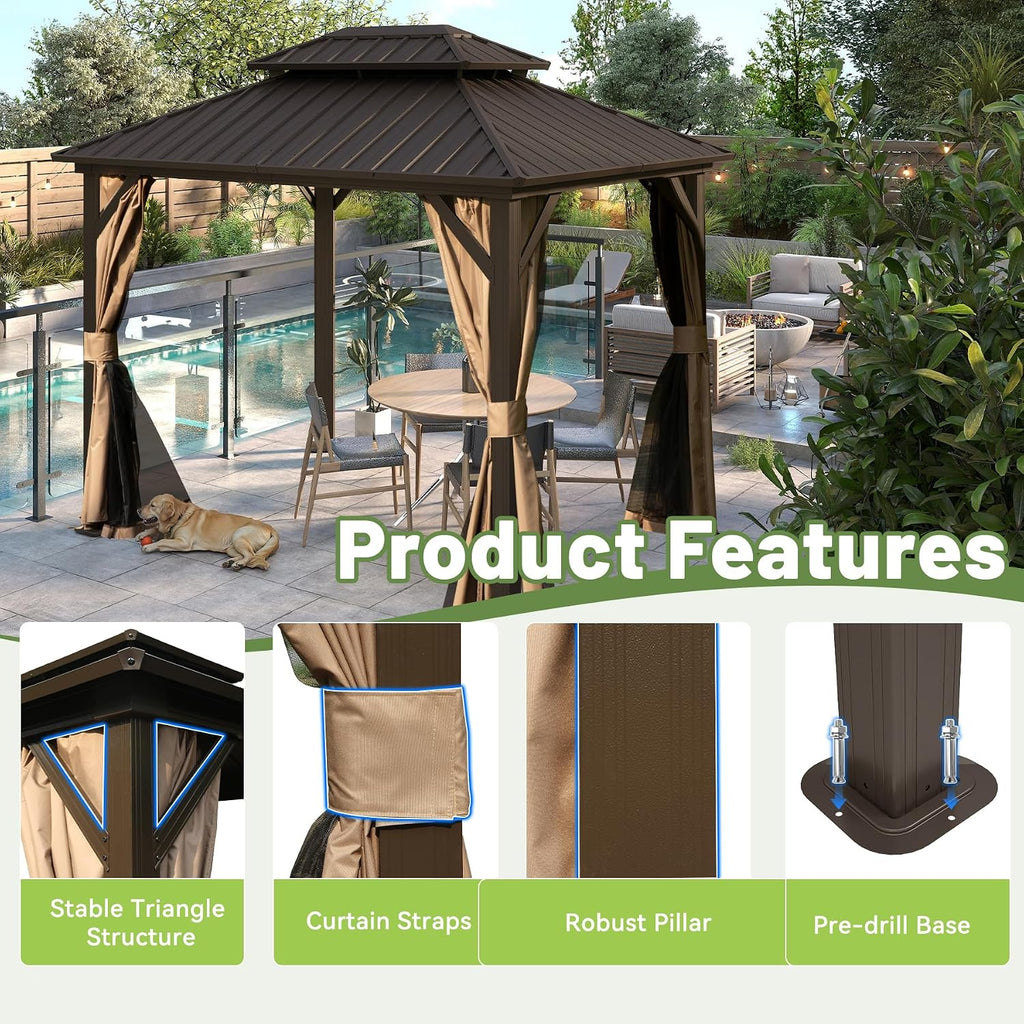 Hardtop Gazebo 8x10 FT, Metal Outdoor Gazebos with Galvanized Steel Double Roof, Curtains and Nettings, Permanent Gazebo Pavilion for Patio Wedding, Party, Outdoor Dining -Brown