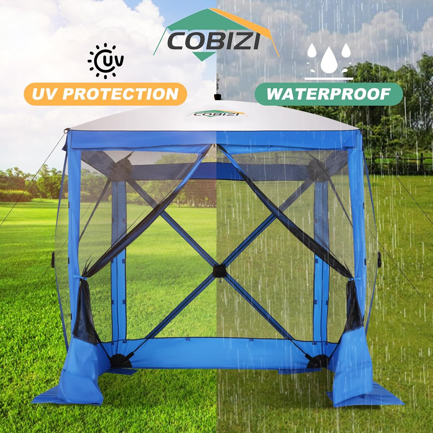 COBIZI 6x6 Pop up Gazebo Tent, Ez up Waterproof Screen Tent Screen House, Portable Outdoor Canopy Sun Shelter with Carry Bag & Ground Stakes for Camping, Garden and Picnics, Blue(Upgraded 2.0)