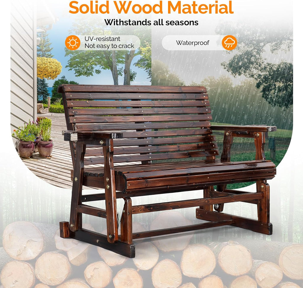 VINGLI Outdoor Glider Wood Patio Chair with Cup Holders, Outdoor Bench Glider Loveseat with Smooth Rocking Mechanism, Heavy Duty 800 LBS, Rustic