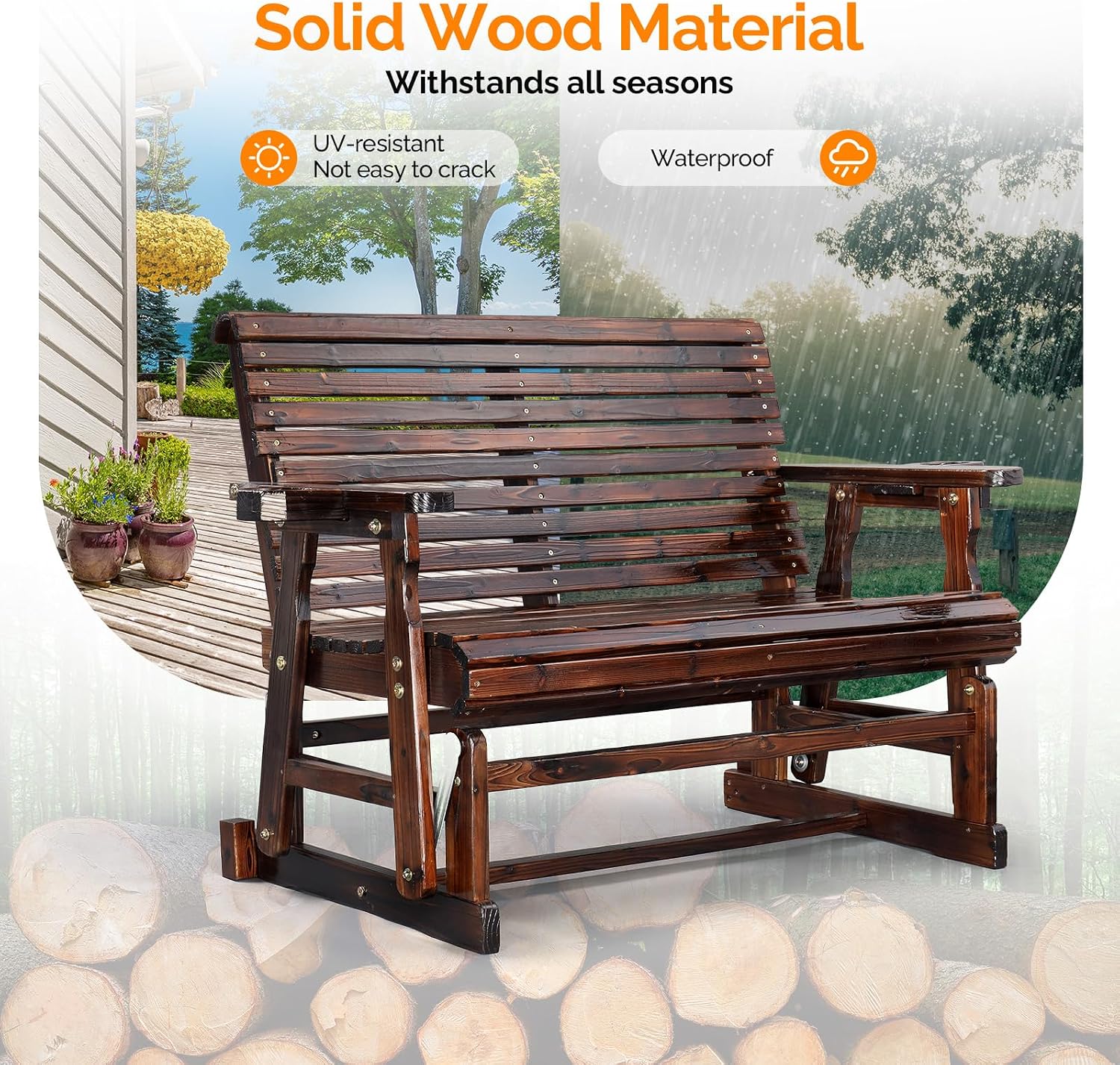 VINGLI Outdoor Glider Wood Patio Chair with Cup Holders, Outdoor Bench Glider Loveseat with Smooth Rocking Mechanism, Heavy Duty 800 LBS, Rustic
