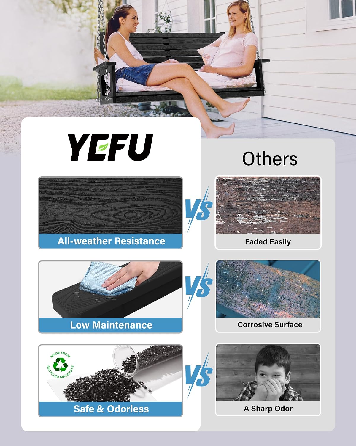 YEFU Hanging Porch Swing Outdoor: 2-Seat Patio Swing Bench-All Weather Swings Chair with Hanging Chains-Look Like Real Wood-Garden/Courtyard/660Lbs Weight Capacity/4FT/Black